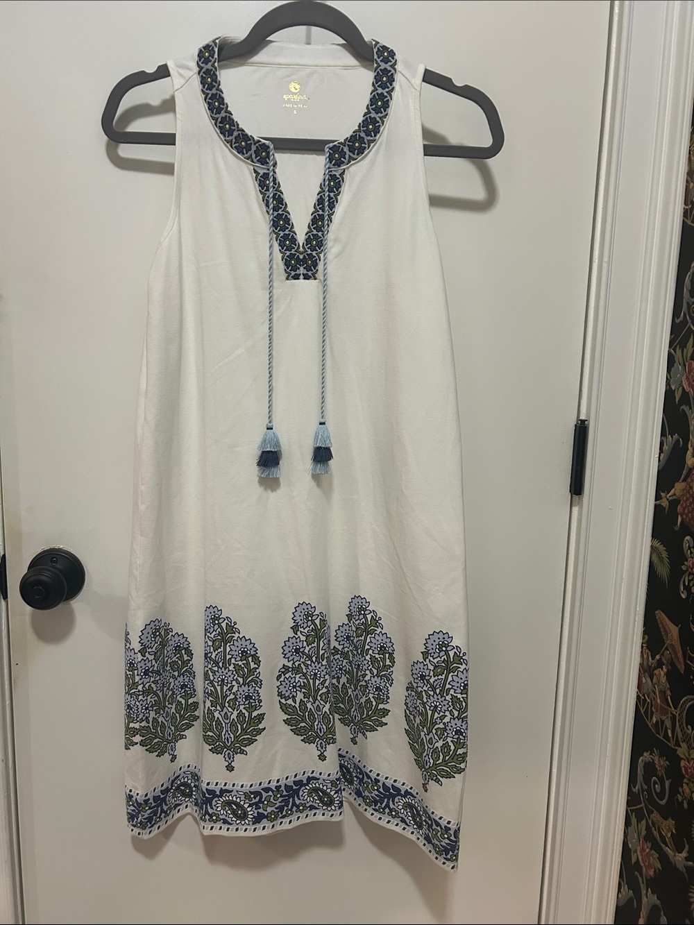 Spartina Sleeveless Embroidered White Shift Dress with Blue Tassel Tie